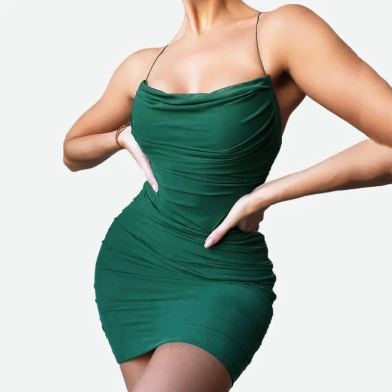 Forest Green Dress | Backless Mesh Ruched