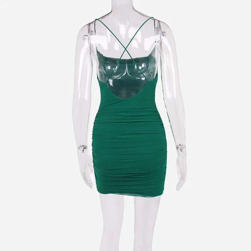 Forest Green Dress | Backless Mesh Ruched