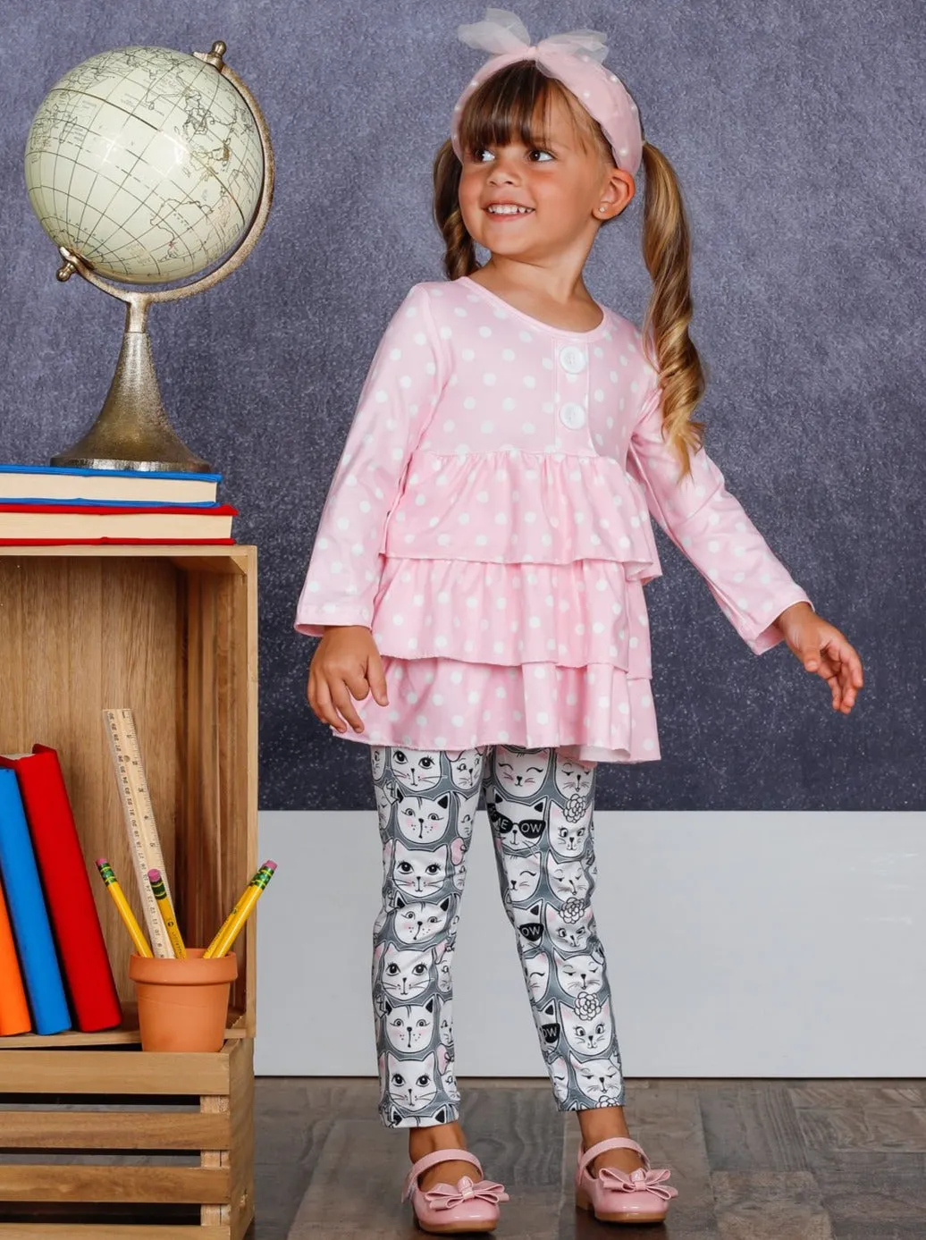 Girls Faux Button Tiered Ruffled Tunic And Printed Legging Set