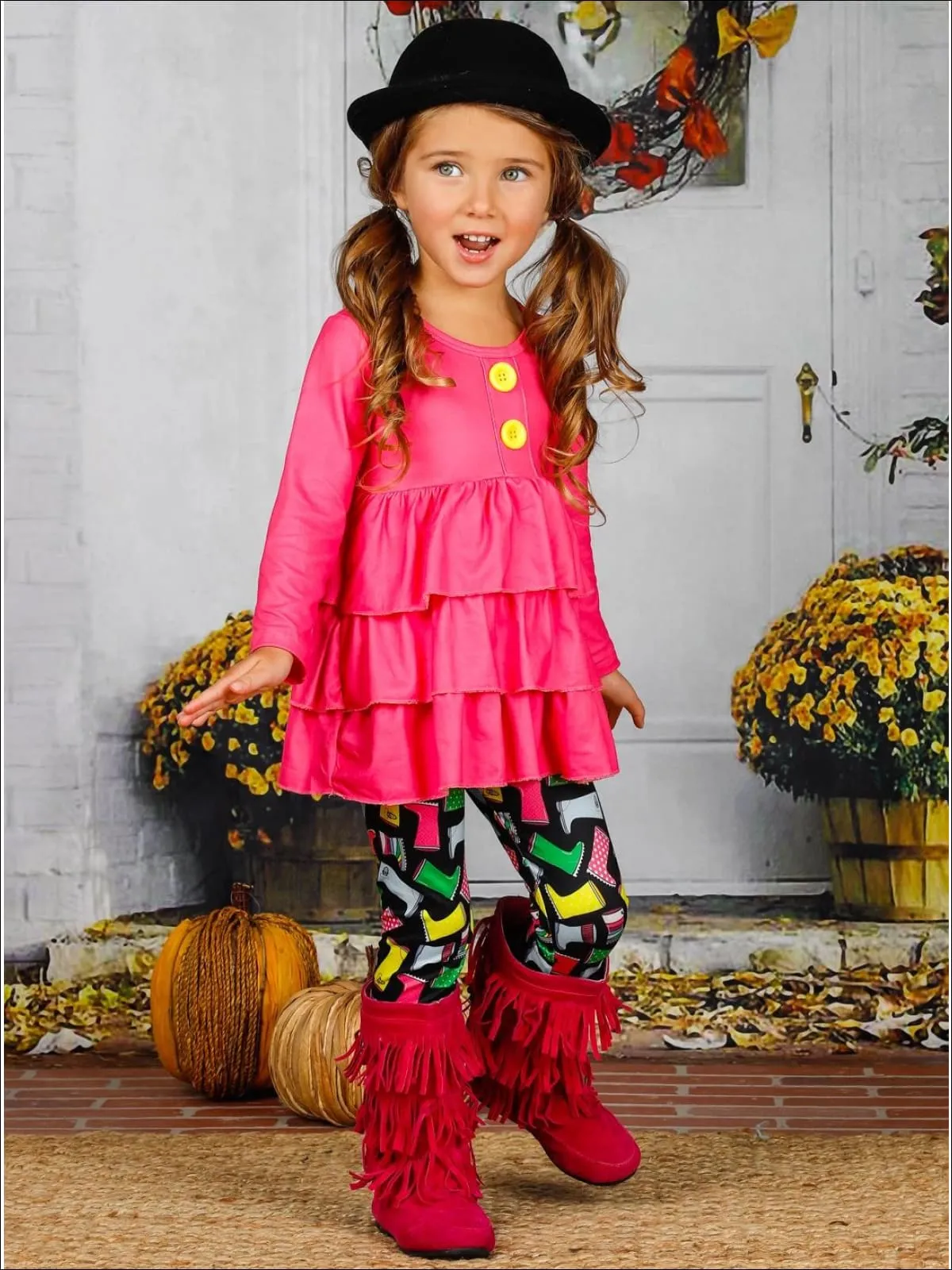 Girls Faux Button Tiered Ruffled Tunic And Printed Legging Set