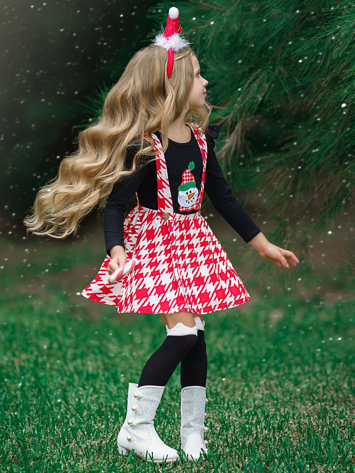 Girls Ruffled Shoulder Long Sleeve Applique Tunic And Printed Overall Dress Set