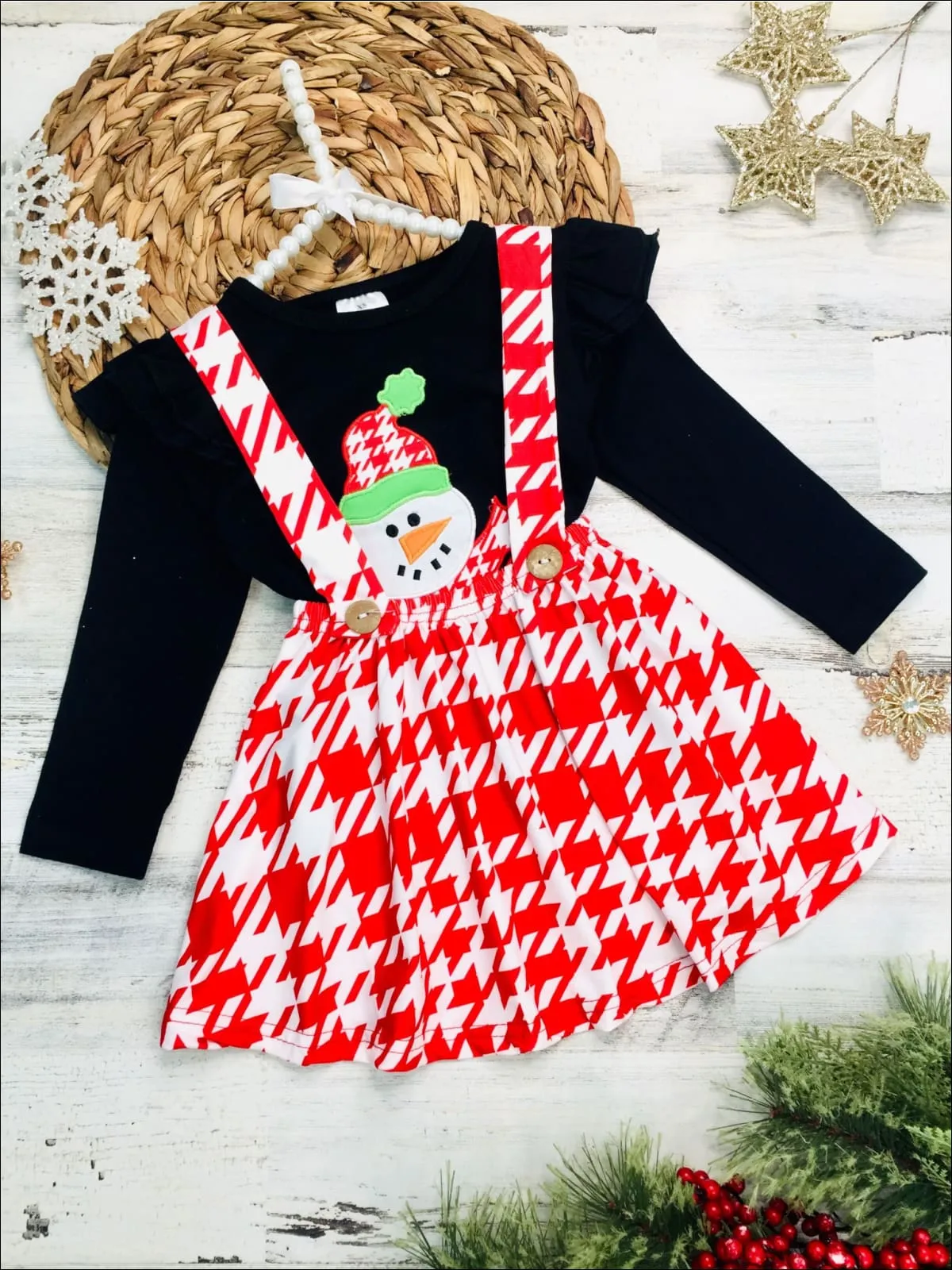 Girls Ruffled Shoulder Long Sleeve Applique Tunic And Printed Overall Dress Set