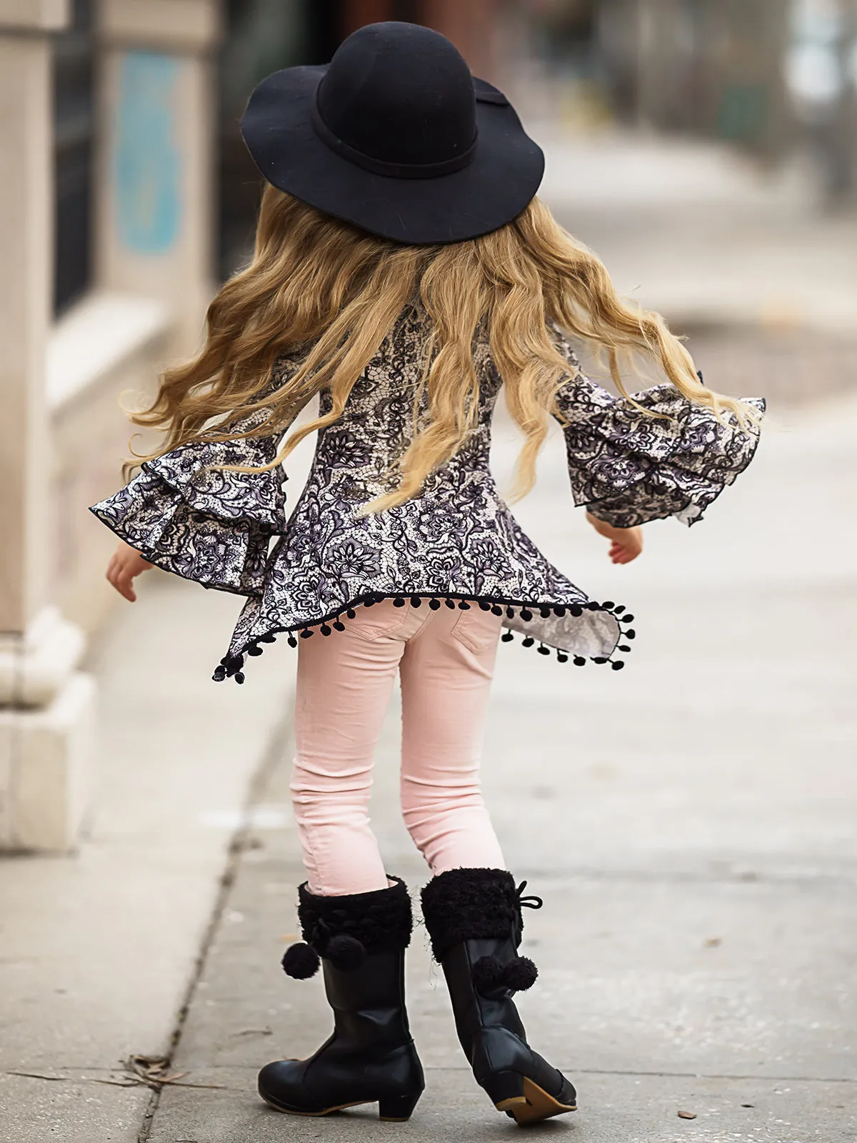 Girls Tiered Boho Sleeve Sidetail Tunic with Pom Pom Trim