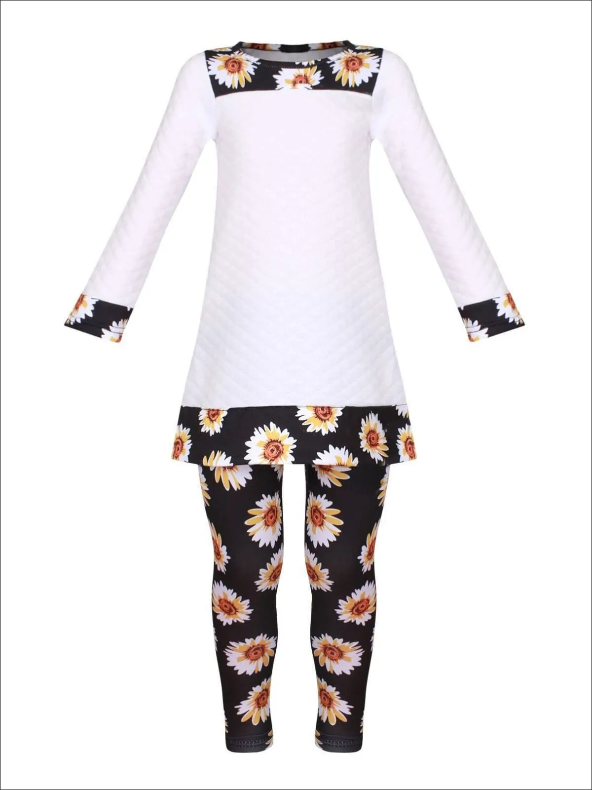 Girls White And Black Daisy Print Long Sleeve Side Slit Cuffed Tunic And Matching Legging Set