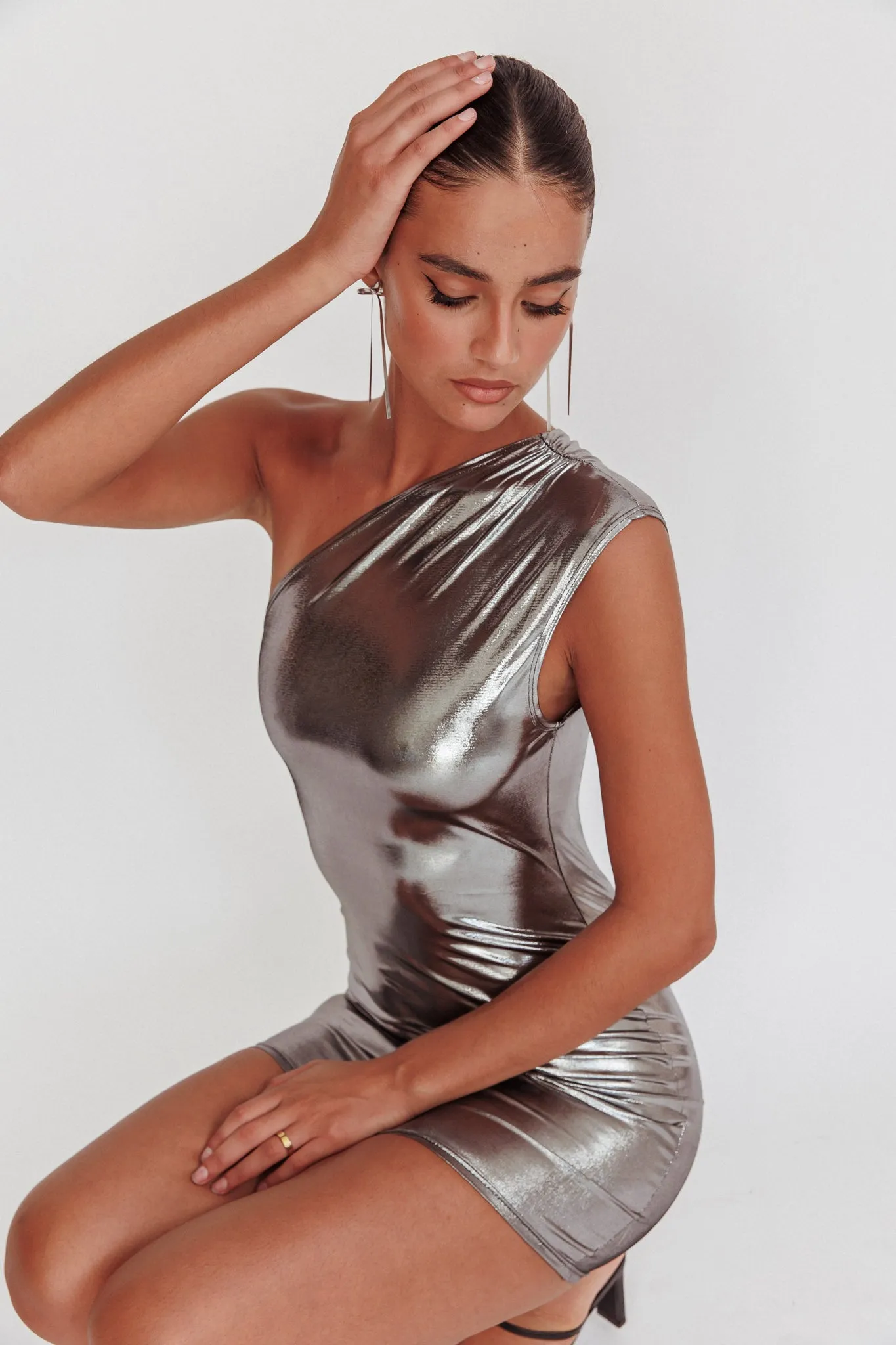 Glitter One-Shoulder Mini Dress Silver