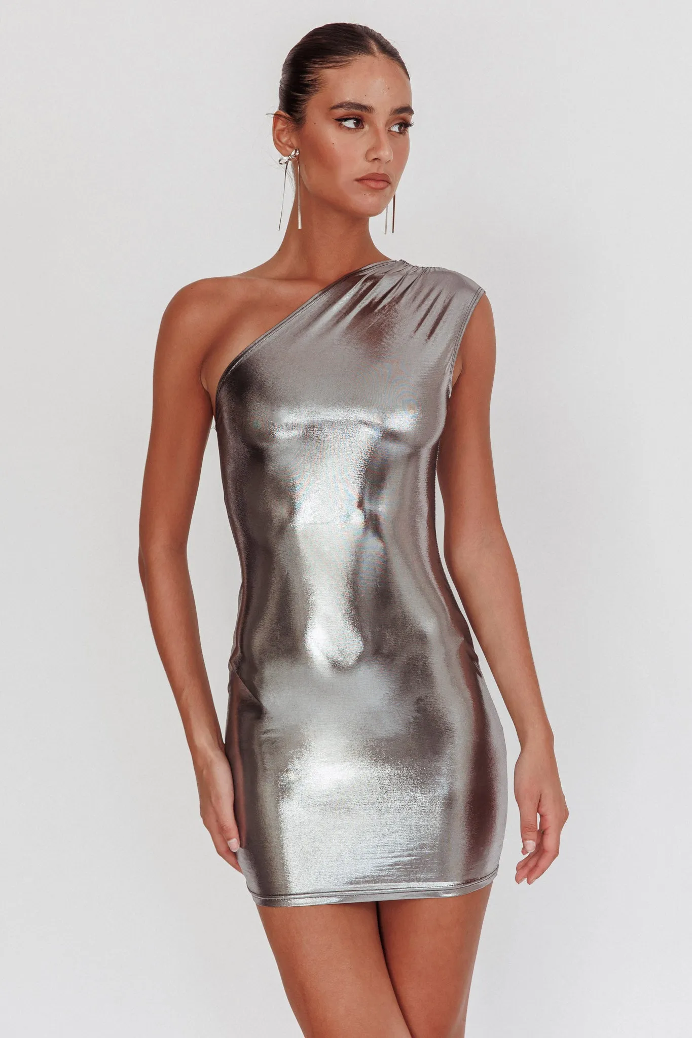 Glitter One-Shoulder Mini Dress Silver