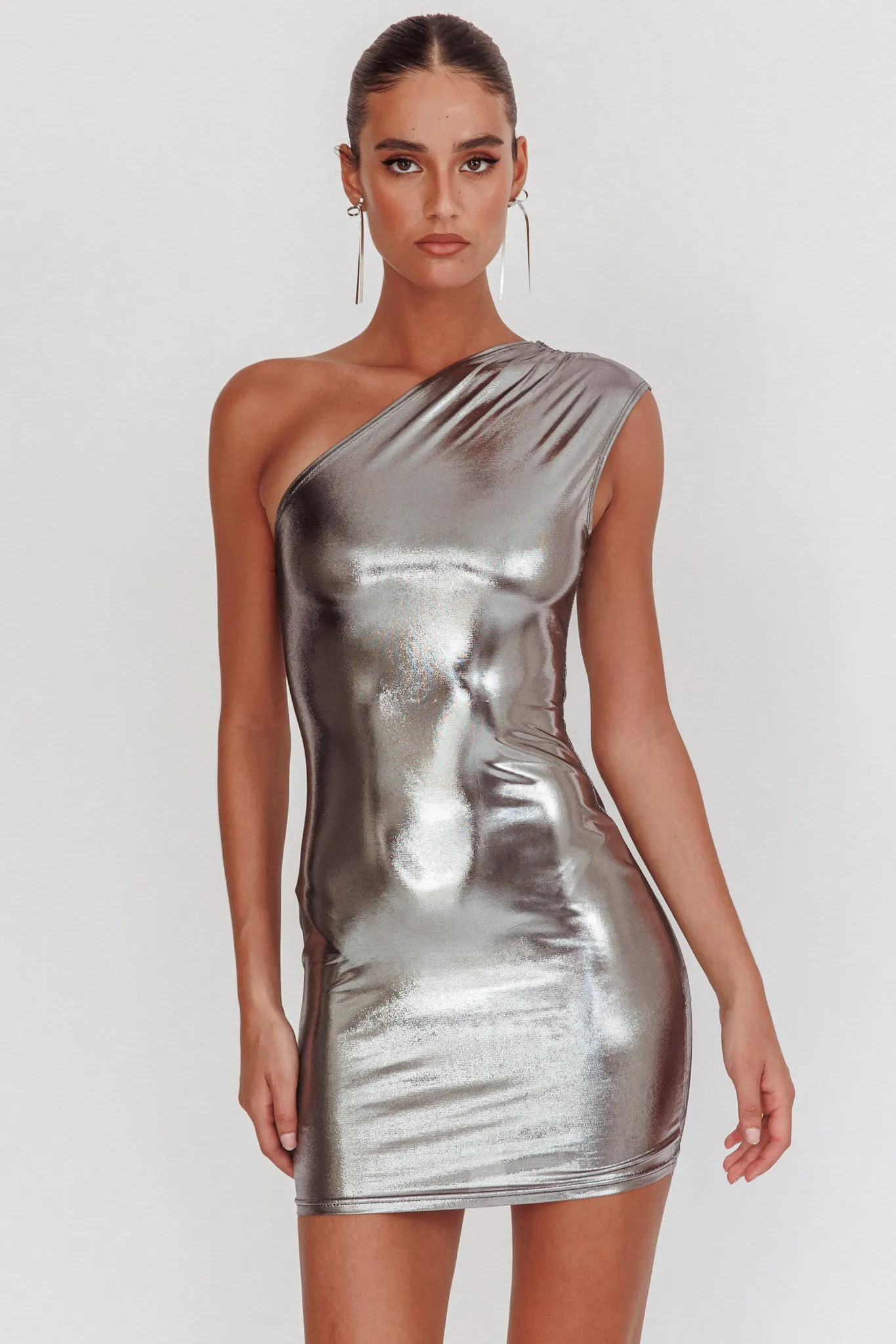 Glitter One-Shoulder Mini Dress Silver