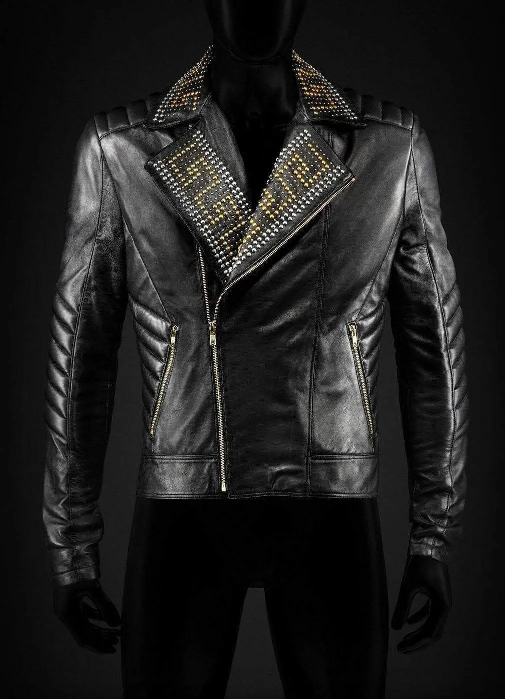 Golden Silver Studded Mens Black Cowhide Leather Jacket