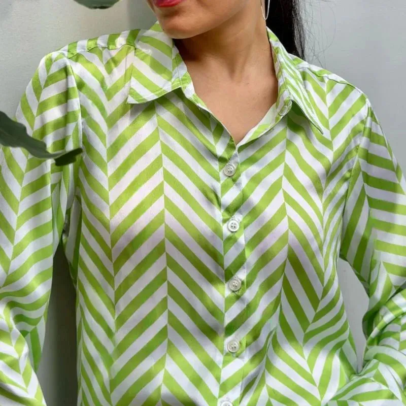 Green & White Geometric Stripes Print Satin Shirt for Women