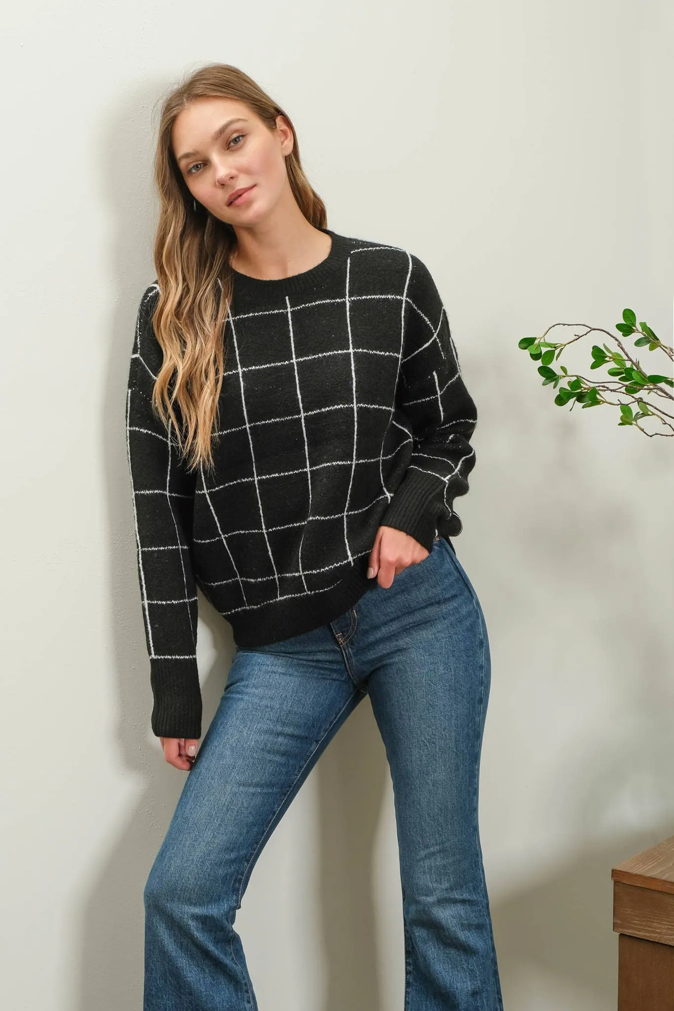 GRID PRINT CREW NECK KNIT PULLOVER SWEATER