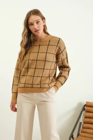 GRID PRINT CREW NECK KNIT PULLOVER SWEATER