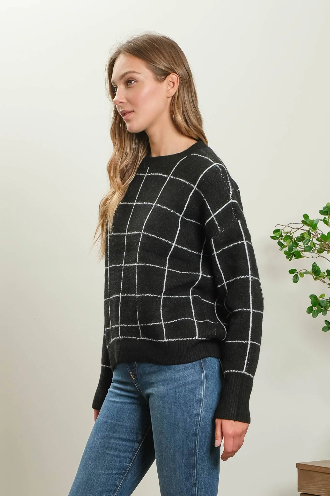 GRID PRINT CREW NECK KNIT PULLOVER SWEATER