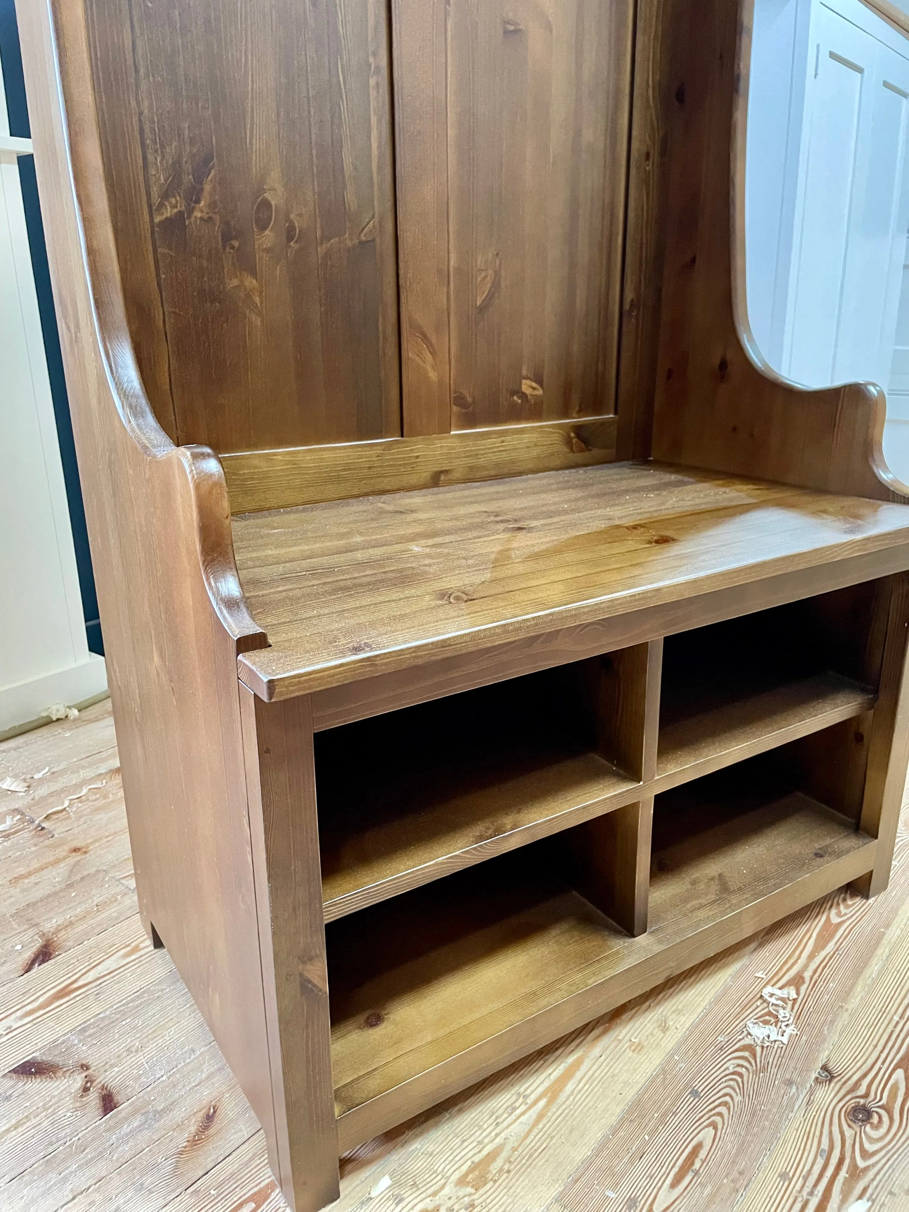 **Hall Bench with Coat Hooks, Shelf and Shoe Cubby Hole compartment (Monks Bench)