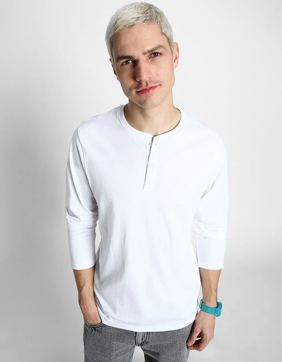 Henley White Solid Tshirt