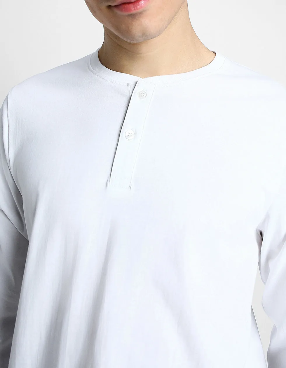 Henley White Solid Tshirt