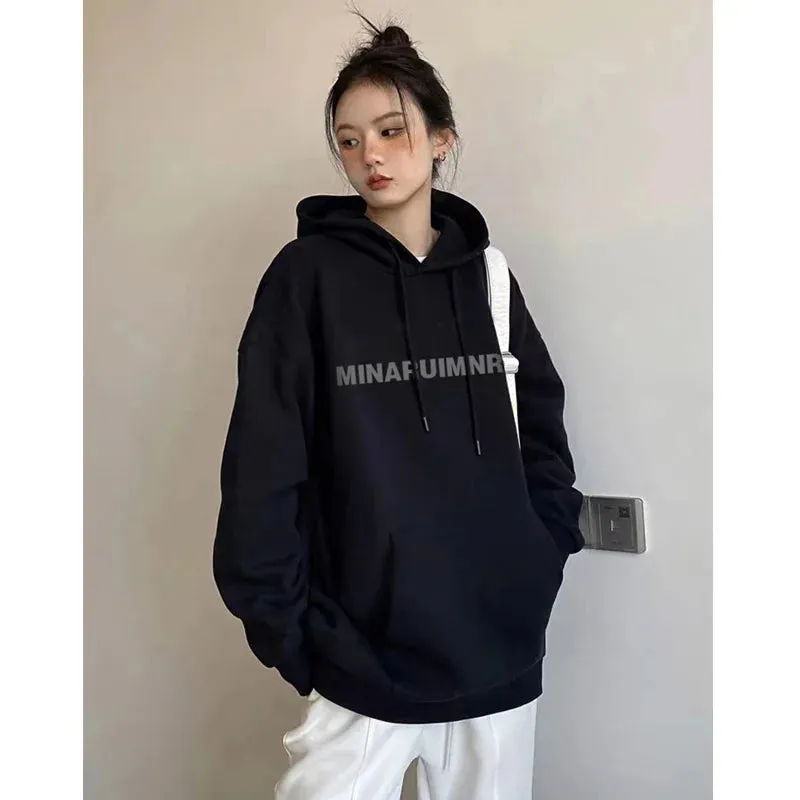 Hooded Black Letter Printed Fashion Female Hoodies Solid Color Sport Drawstring Chic Pockets Simple Women's Sweatshirts