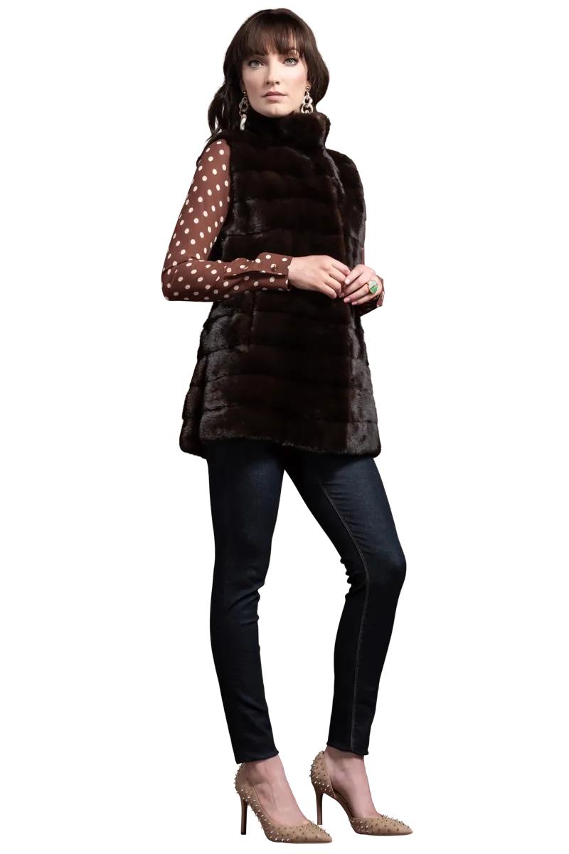 Horizontal Mink Fur Vest - Stand-Up Collar