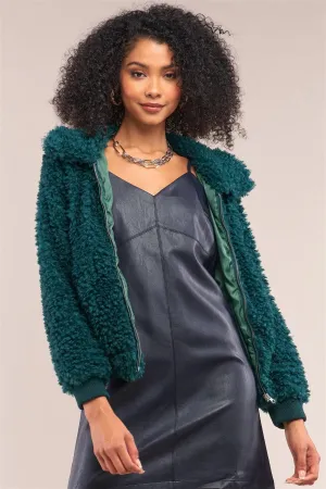 Hunter Green Long Sleeve Zip Front Faux Fur Bomber Jacket  /2-3-1