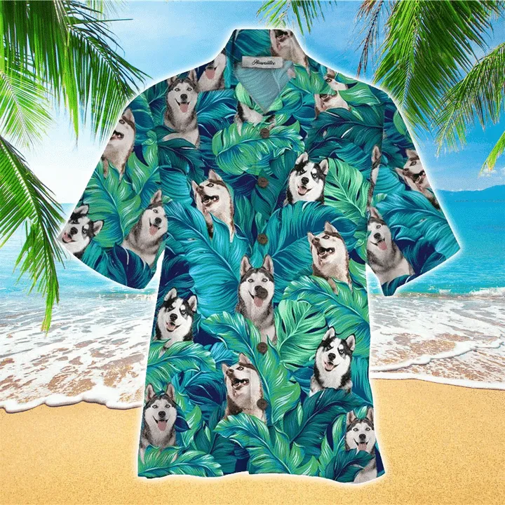 Husky Terrier Mens 3D Hawaiian Shirt, Husky Button Up Shirt