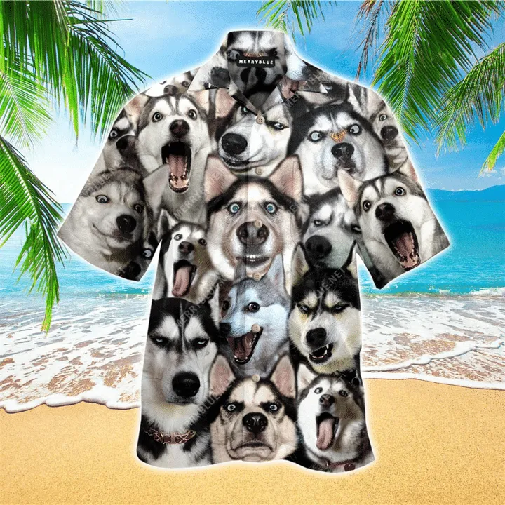 Husky Terrier Mens 3D Hawaiian Shirt, Husky Button Up Shirt