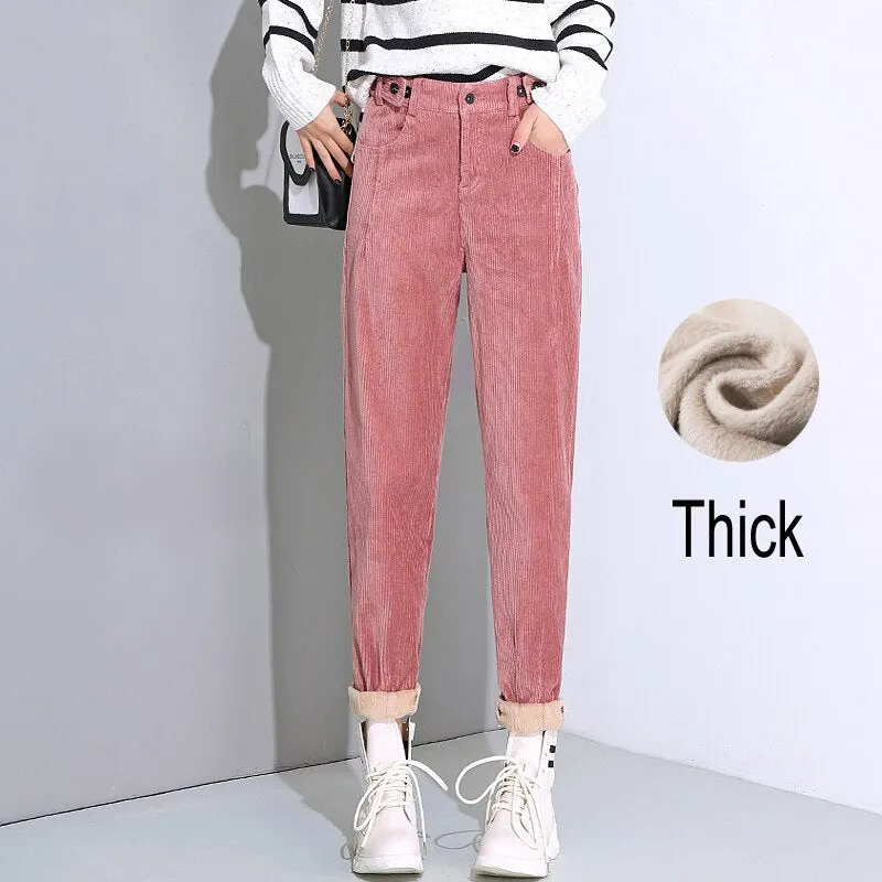 Joskaa Christmas Gift JMPRS Winter High Waist Women Corduroy Harem Pants Plus Size Loose Solid Casual Button Pant Women Velvet Warm Ladies Trousers