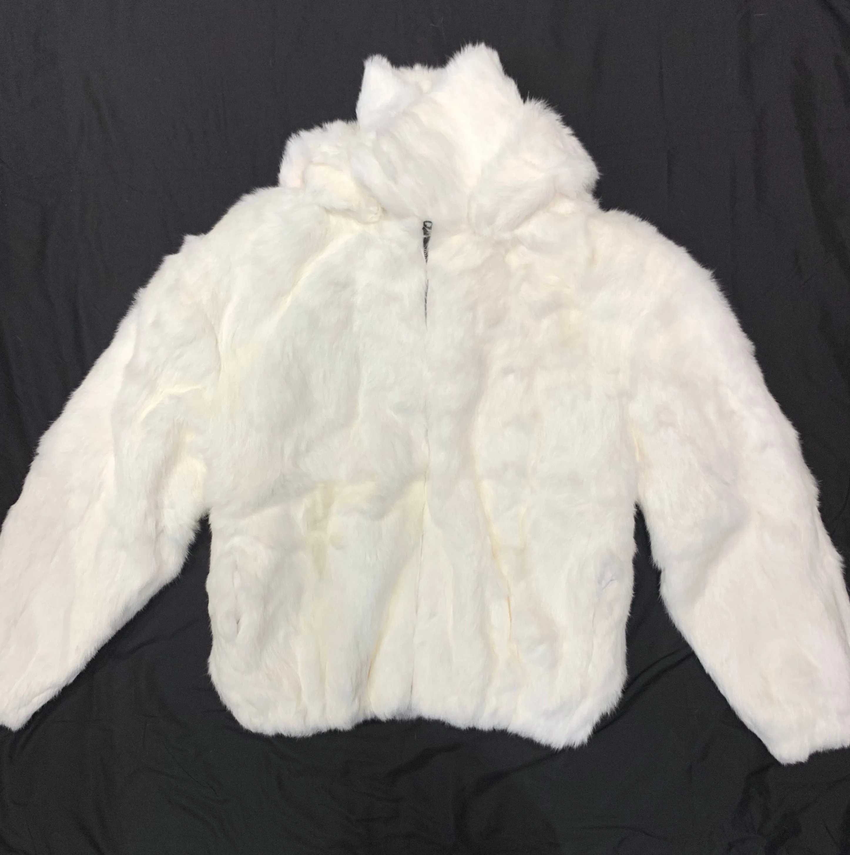 Kashani White Rabbit Fur Hooded Bomber Jacket