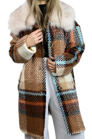 La Fiorentina Mid Length Plaid Wool Coat w/ Faux Fur Trim - Brown/Ivory