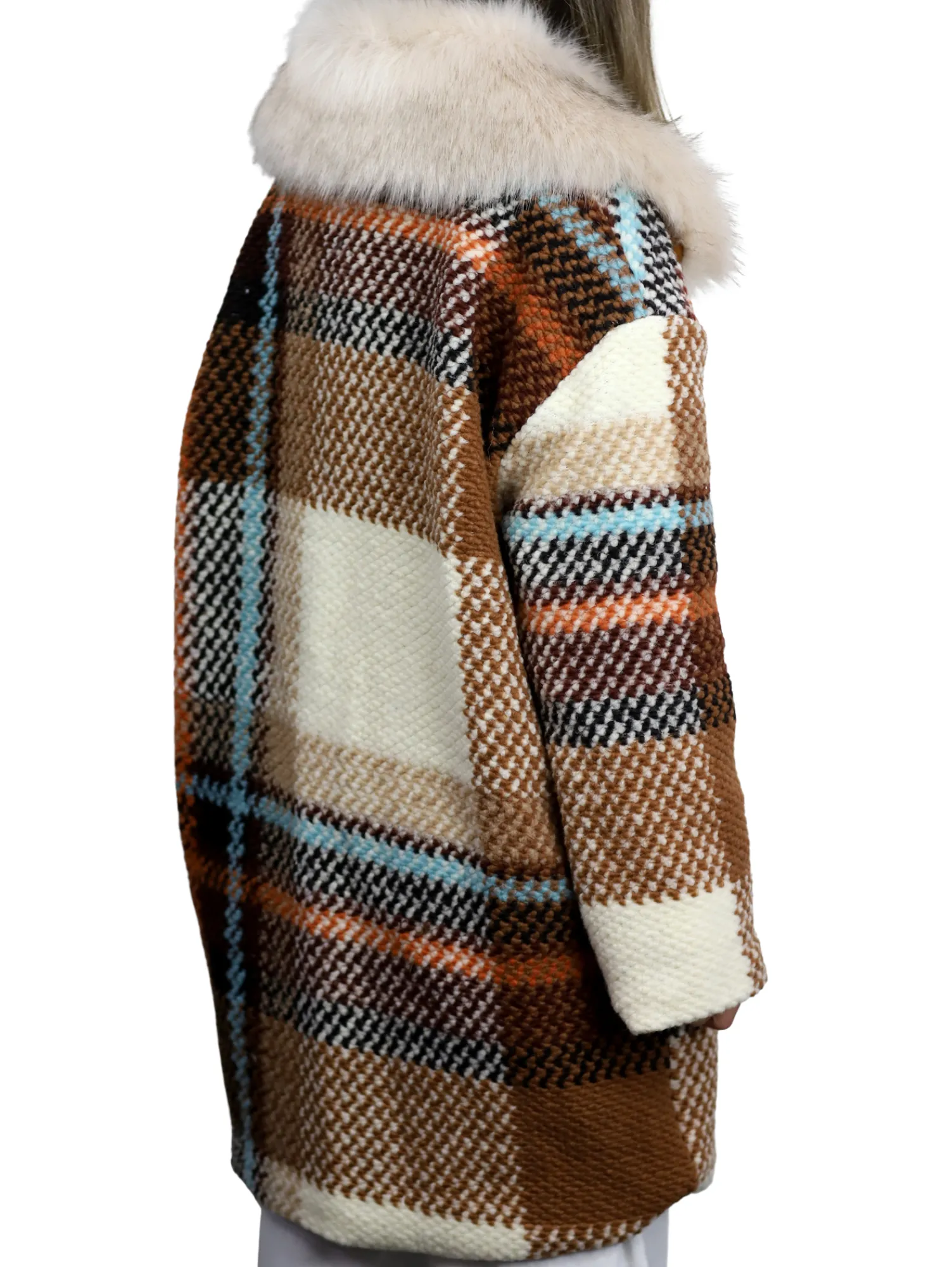 La Fiorentina Mid Length Plaid Wool Coat w/ Faux Fur Trim - Brown/Ivory