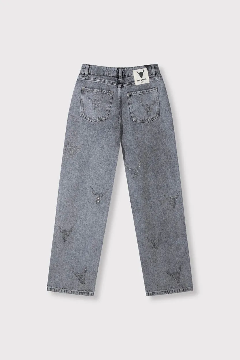 Ladies Woven Stras Bull Pants - Grey Denim