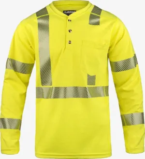 LAKELAND - Henley knit shirt. Dual certified, NFPA 70E, 2112 certified. ANSI 107 class 3 certified. Hi-Vis Yellow with 2‚Äù Segmented Trim