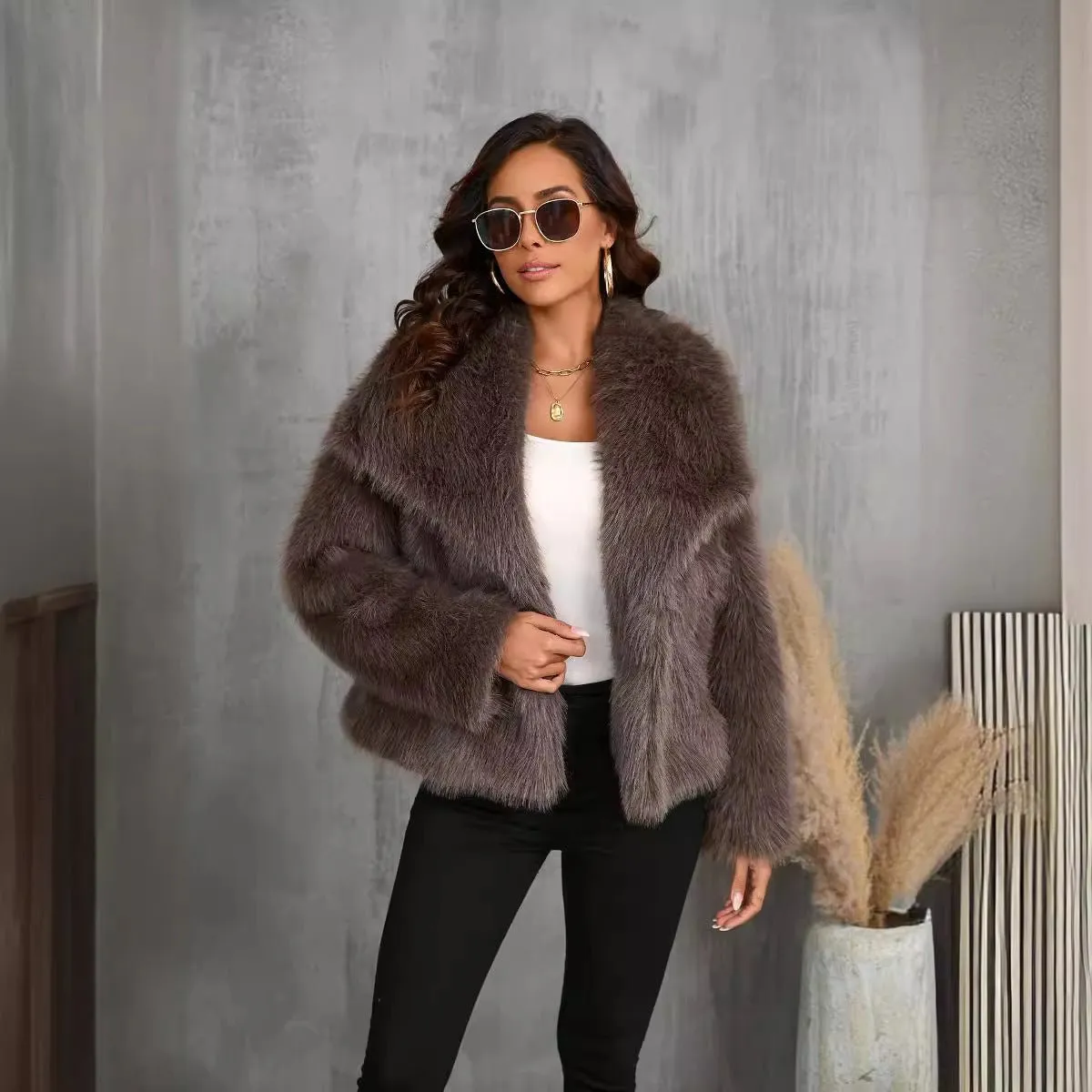 Lapel faux fur coat short body fluffy plush women's coat