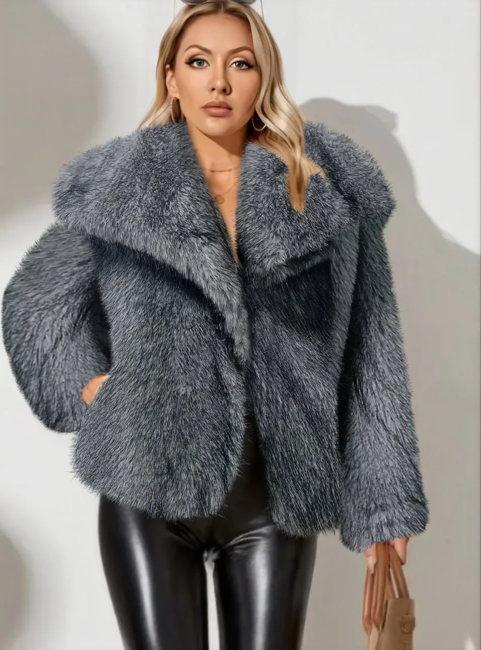 Lapel faux fur coat short body fluffy plush women's coat