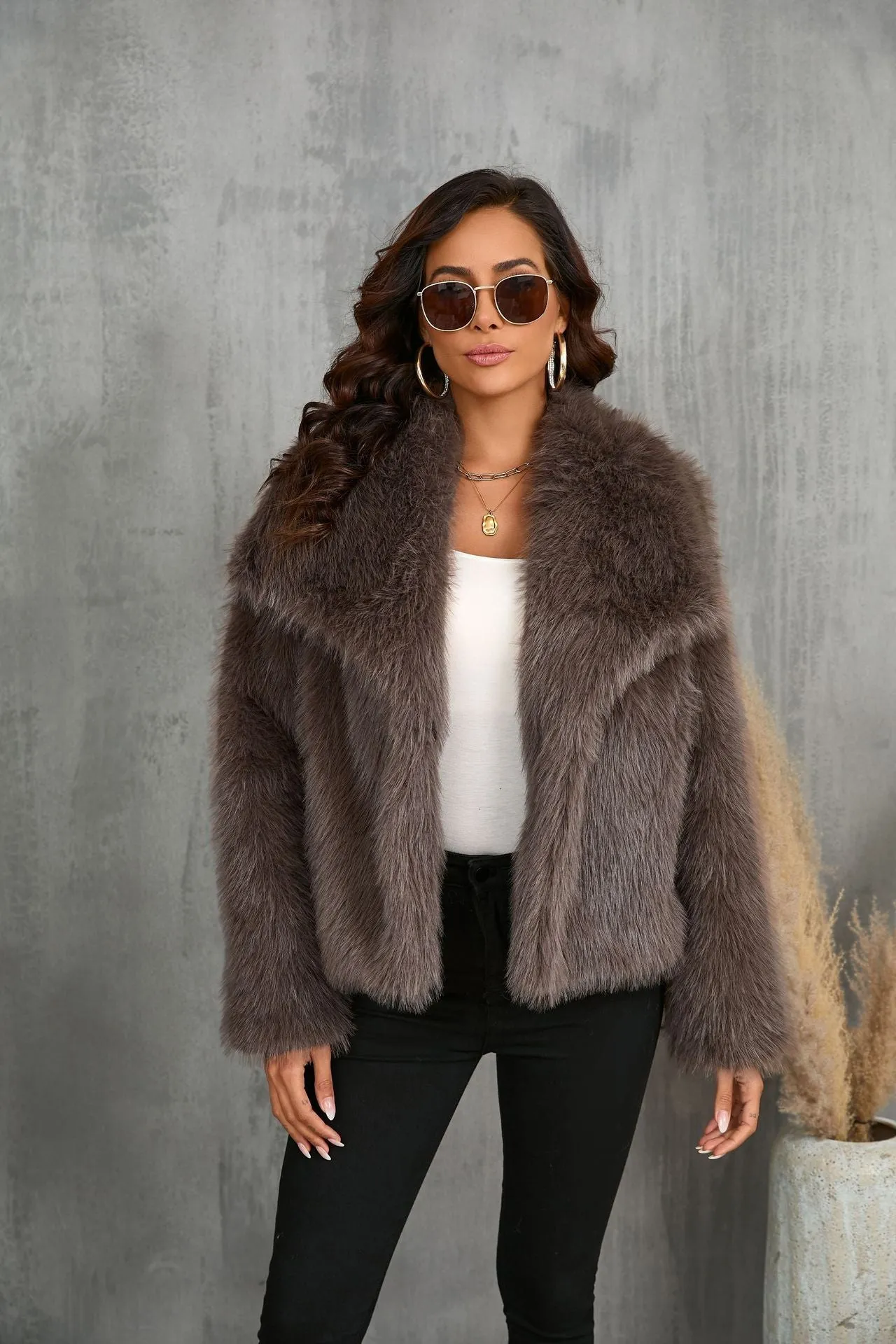 Lapel faux fur coat short body fluffy plush women's coat