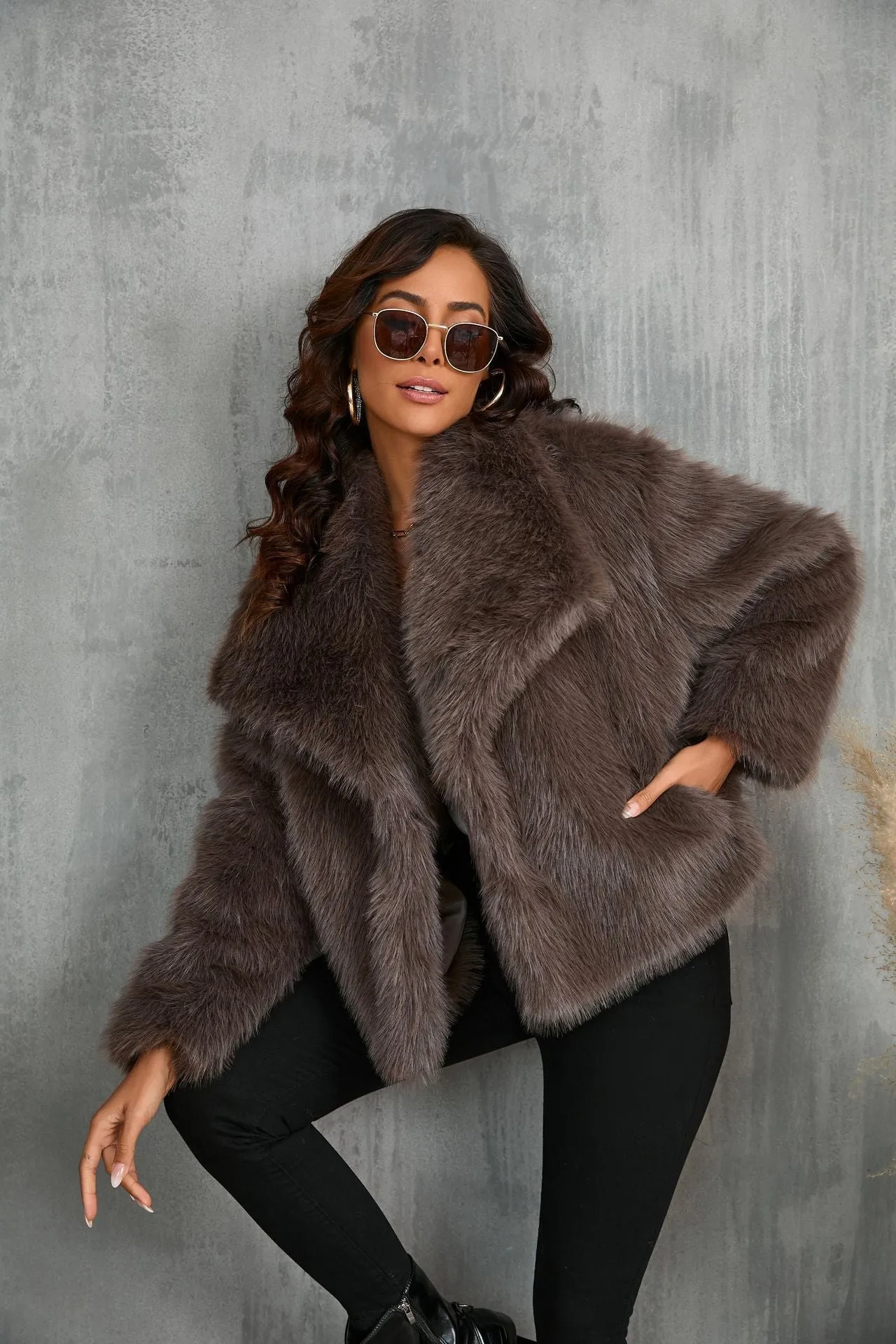 Lapel faux fur coat short body fluffy plush women's coat