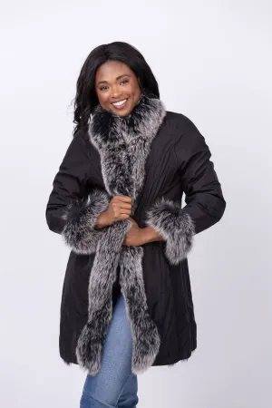 Linda Richards 35” Genuine Fox Fur Reversible Coat in Black