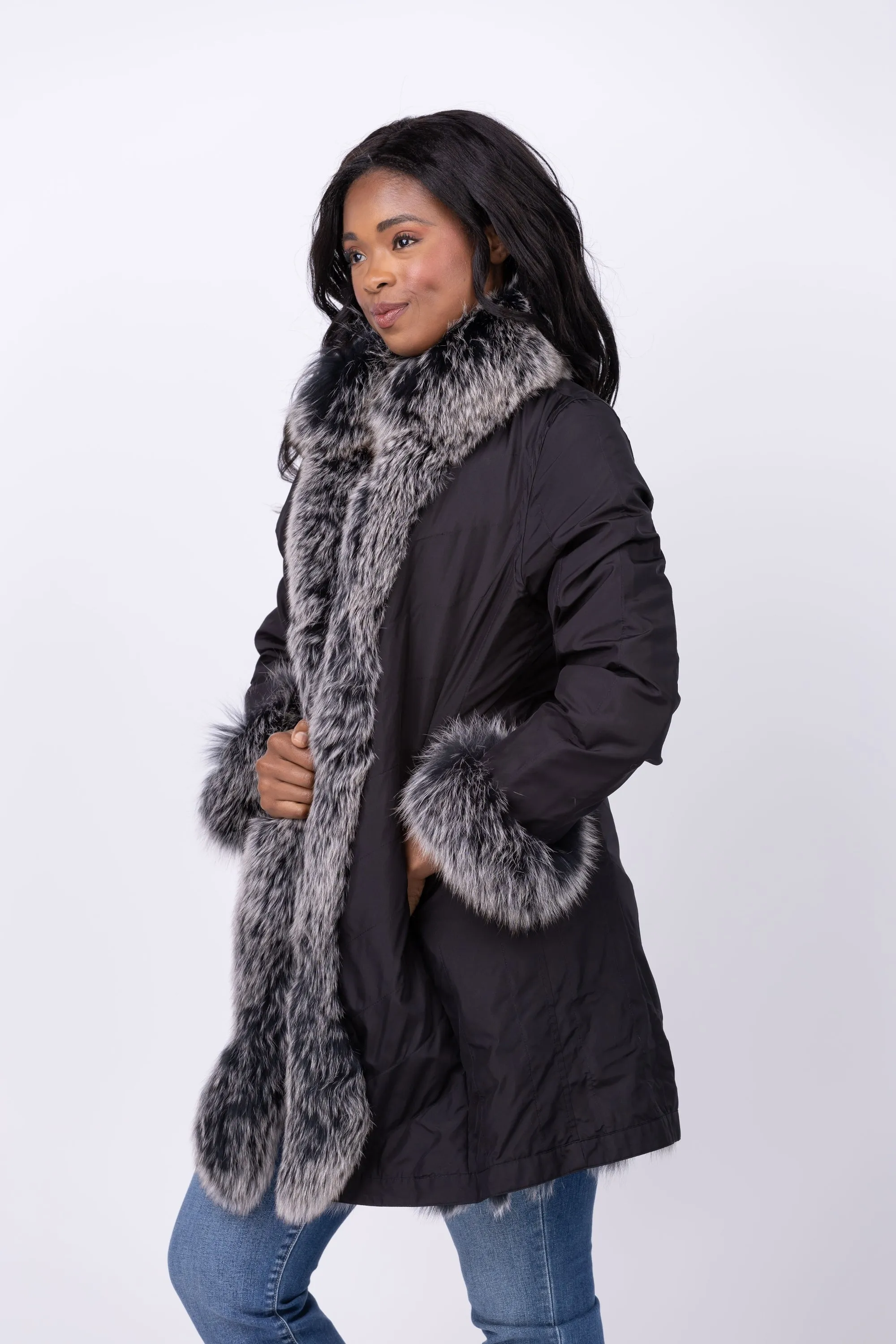 Linda Richards 35” Genuine Fox Fur Reversible Coat in Black