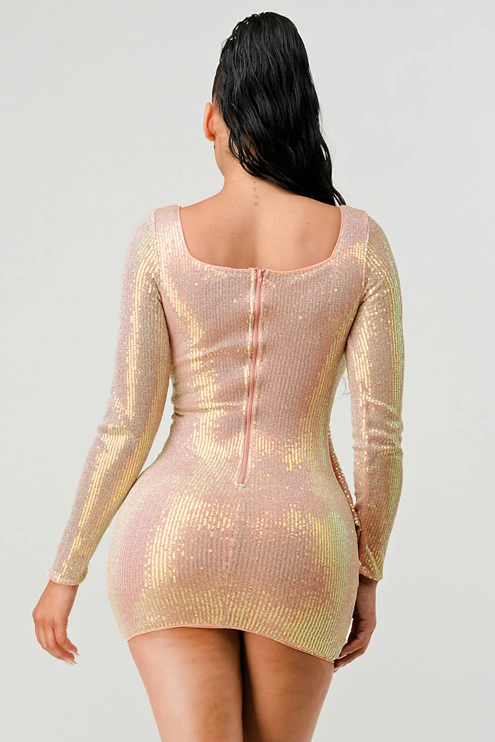 LUX HOLOGRAM SEQUINS SQUARE NECK DRAPED MINI DRESS