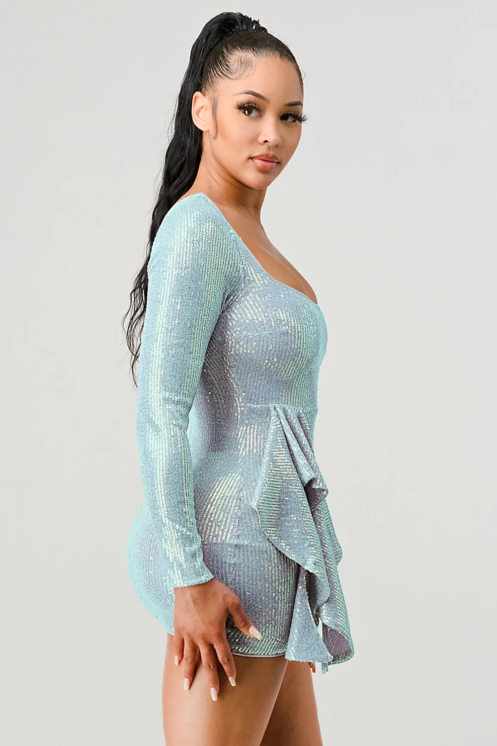 LUX HOLOGRAM SEQUINS SQUARE NECK DRAPED MINI DRESS