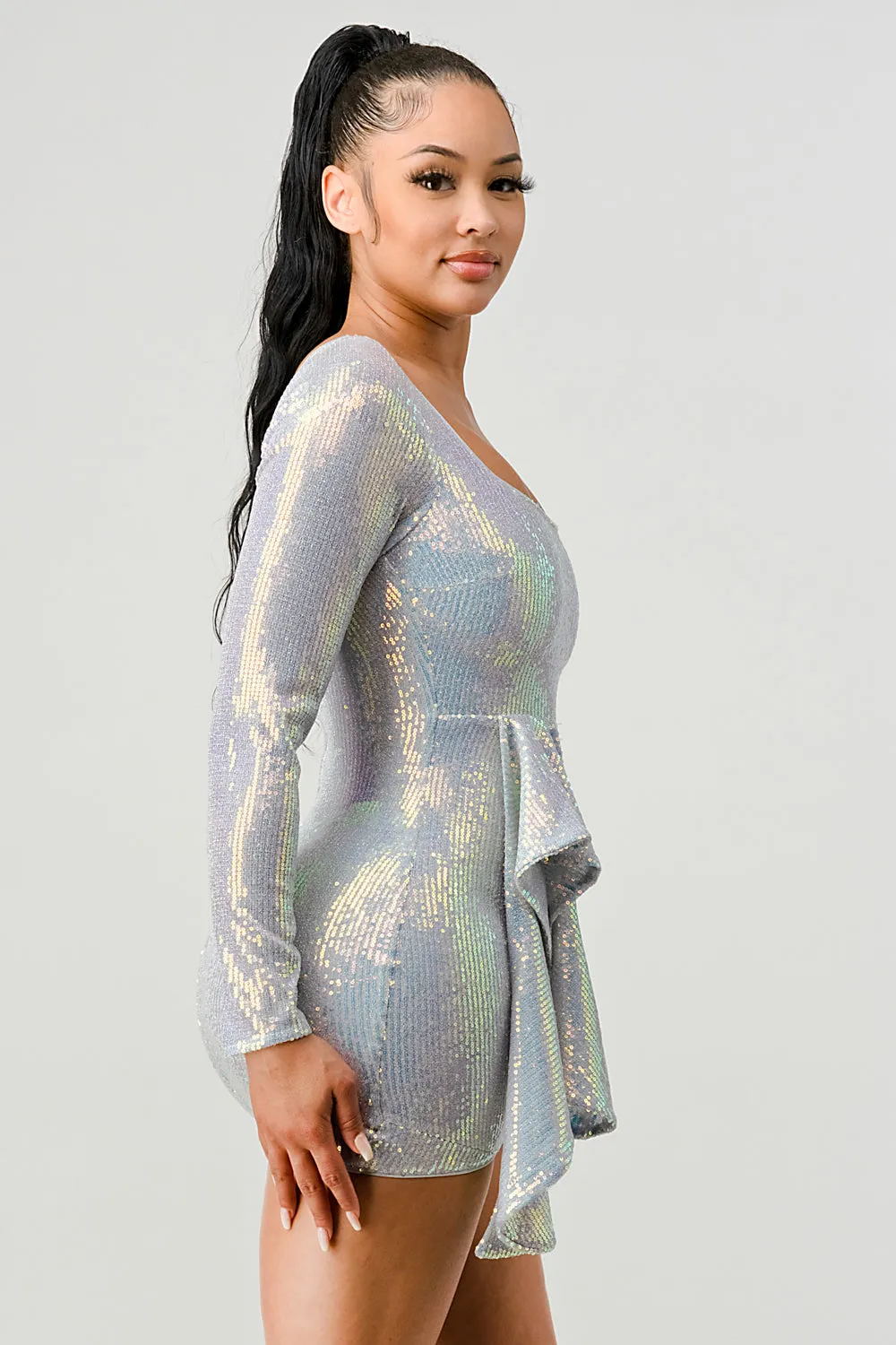 LUX HOLOGRAM SEQUINS SQUARE NECK DRAPED MINI DRESS