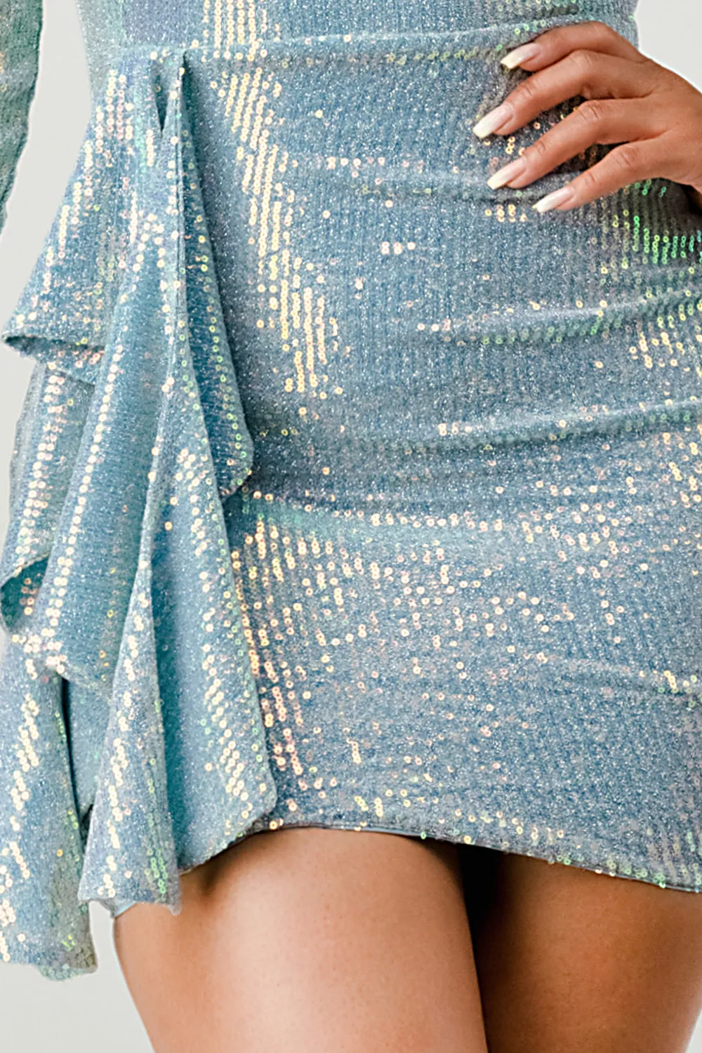 LUX HOLOGRAM SEQUINS SQUARE NECK DRAPED MINI DRESS