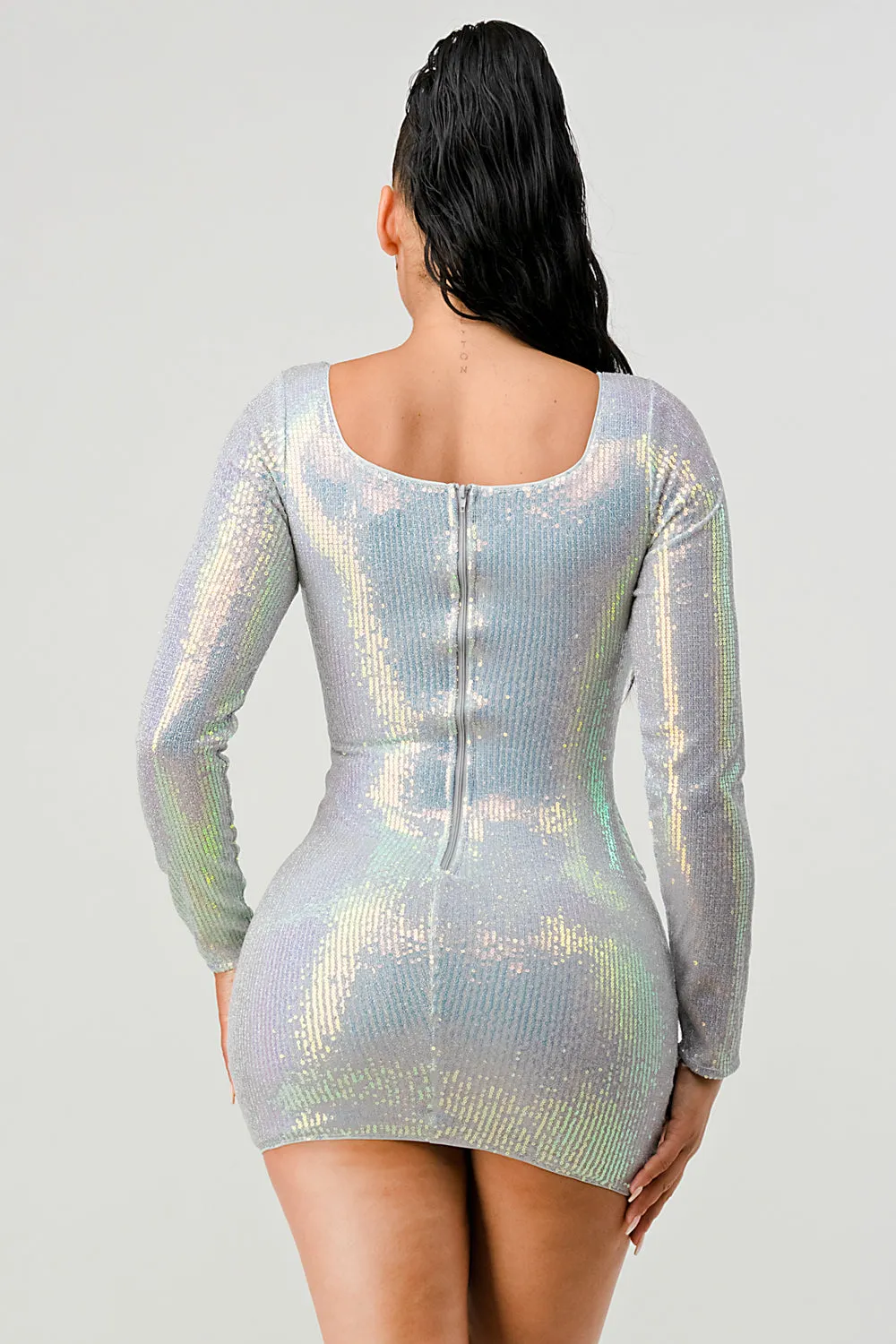 LUX HOLOGRAM SEQUINS SQUARE NECK DRAPED MINI DRESS