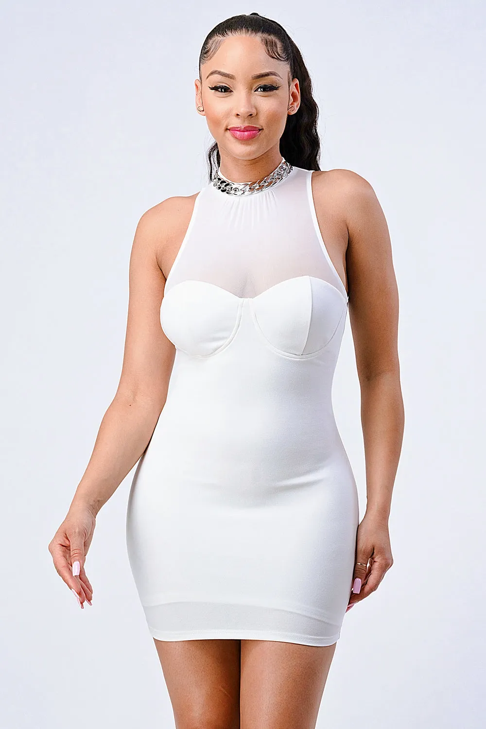 LUX SILVER CHAIN NECKLACE MESH NECK BODYCON DRESS