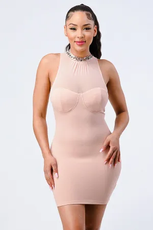 LUX SILVER CHAIN NECKLACE MESH NECK BODYCON DRESS