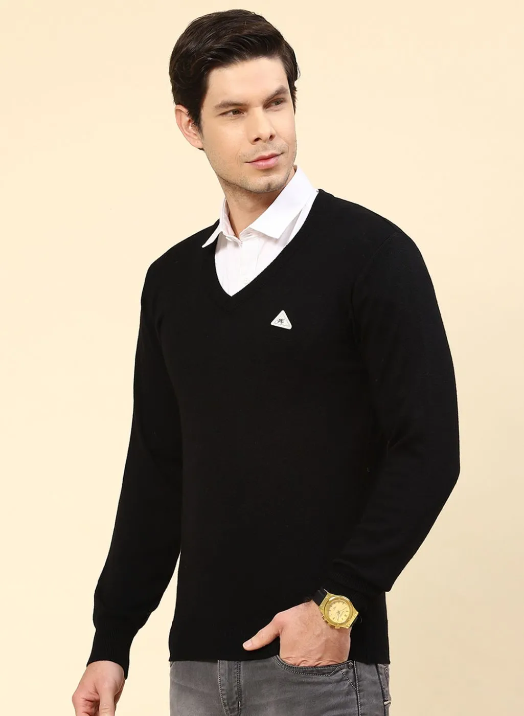 Men Black Solid Pure wool Pullover