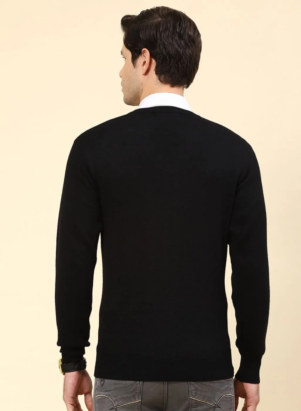 Men Black Solid Pure wool Pullover