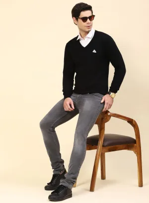 Men Black Solid Pure wool Pullover