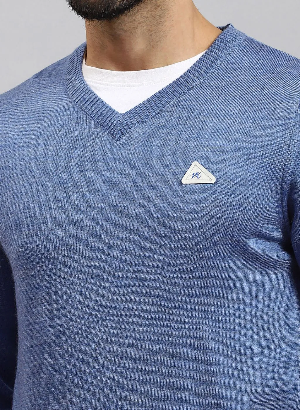 Men Blue Solid Wool blend Pullover