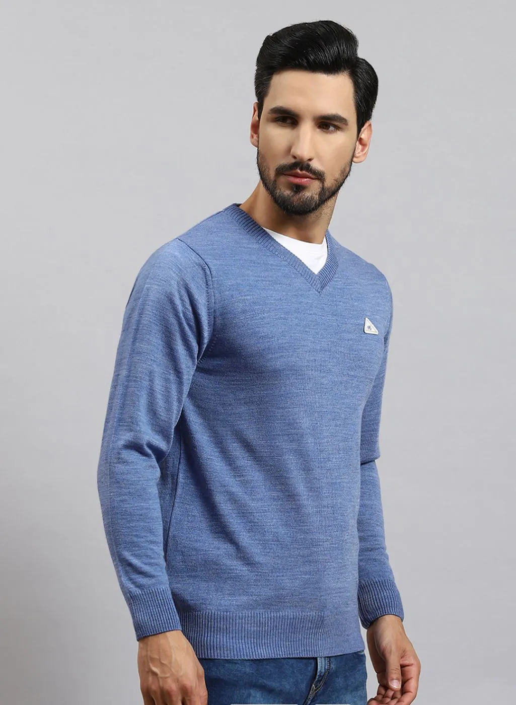 Men Blue Solid Wool blend Pullover