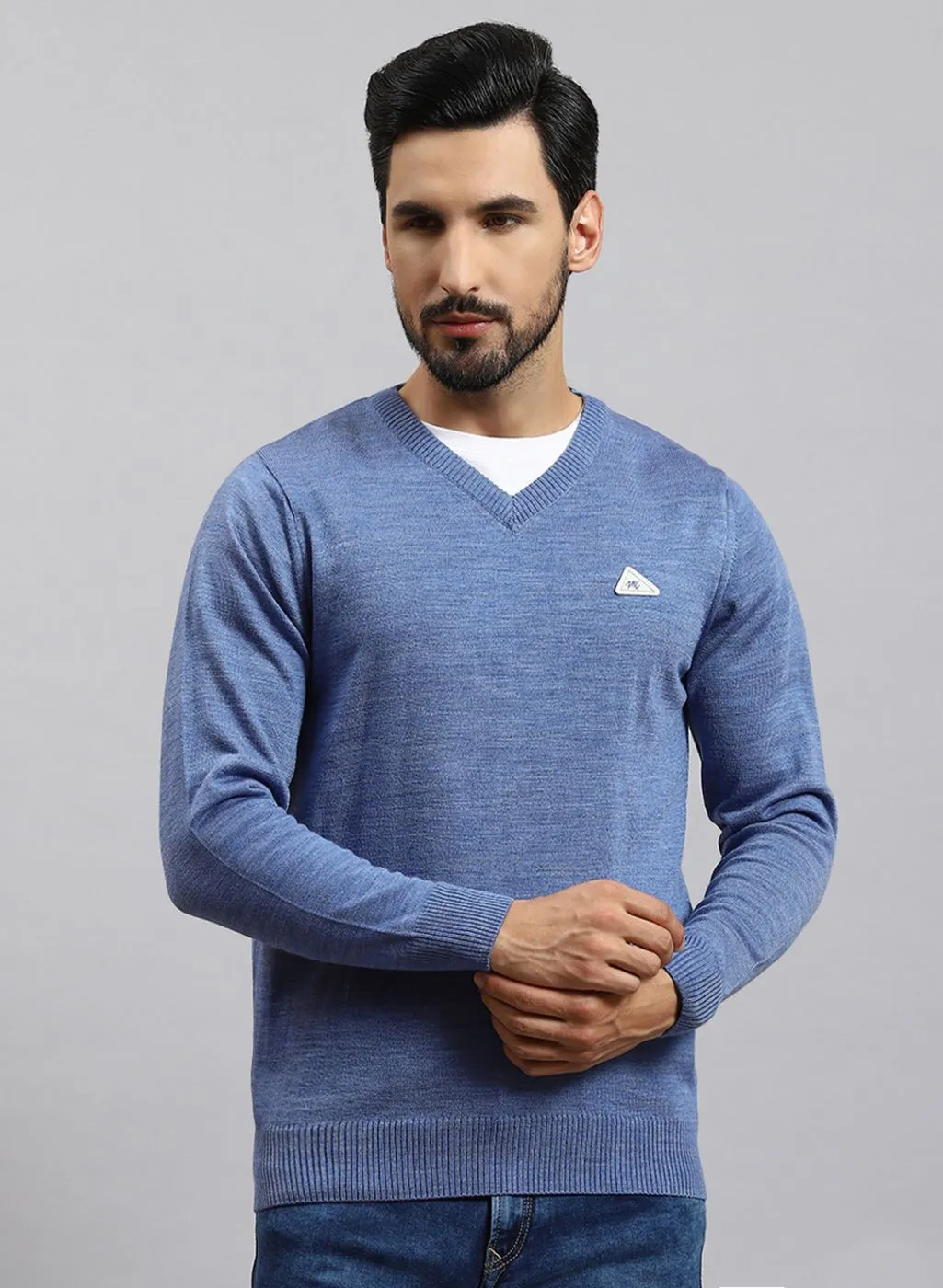 Men Blue Solid Wool blend Pullover