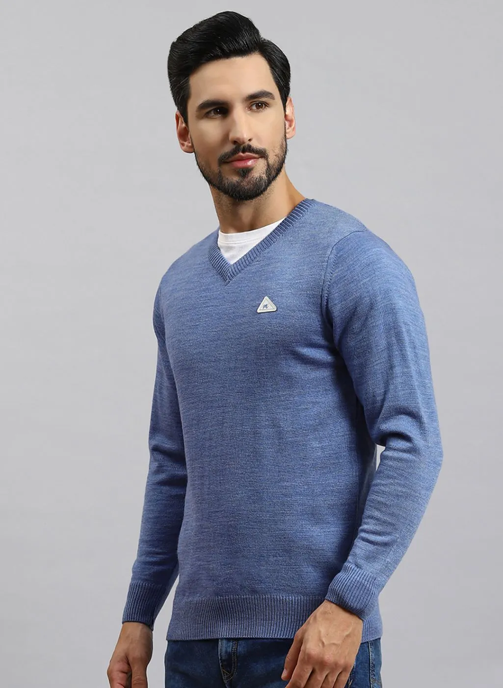 Men Blue Solid Wool blend Pullover